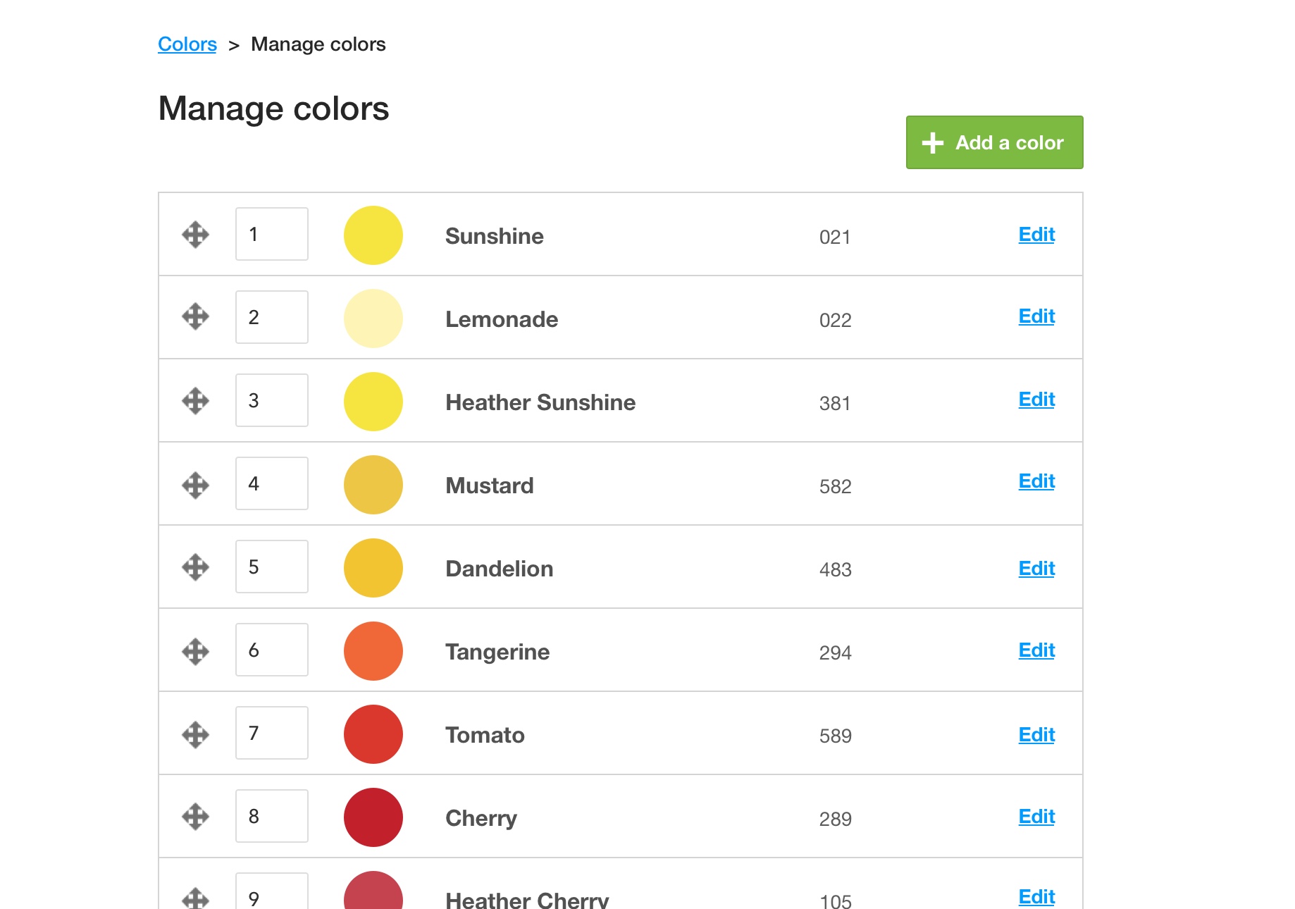Screenshot of the global color list