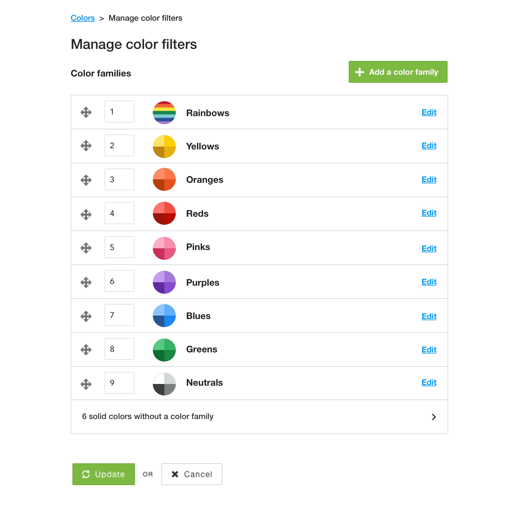 Screenshot of the color family manager