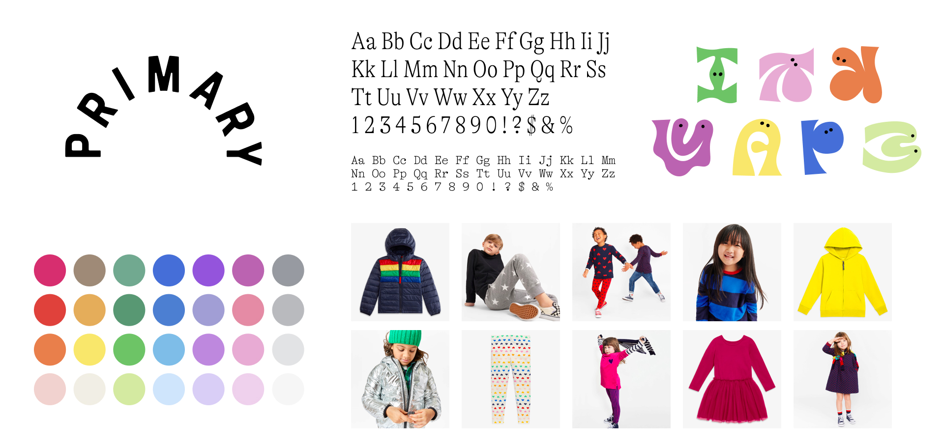 Moodboard of the new logo with the new colors, example photography, new typeface, and new illustration characters.