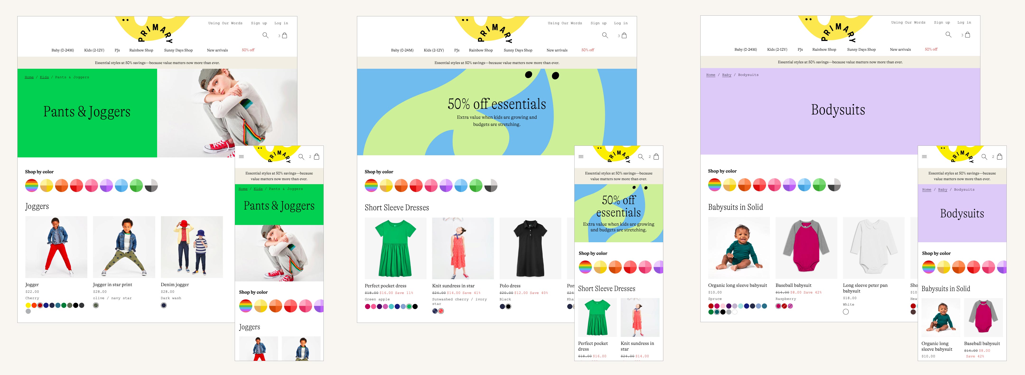 The rebranded product list page headers: a full-width wash of color, a full-width wash of color with a character illustration on top, or a photo next to a wash of color.