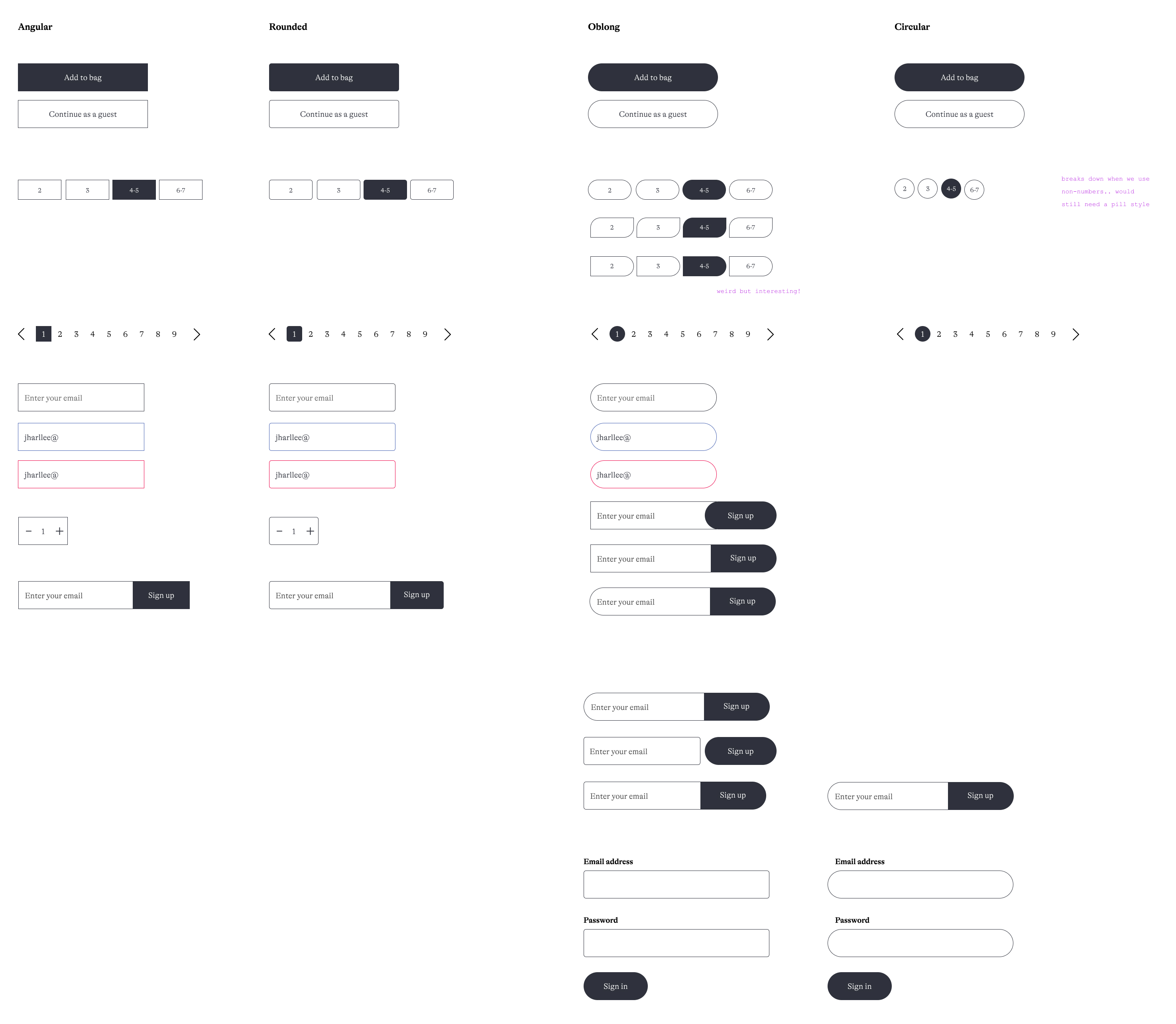 A grid of buttons, inputs, and other UI elements, each with different styles applied: angular, rounded, oblong, and circular.